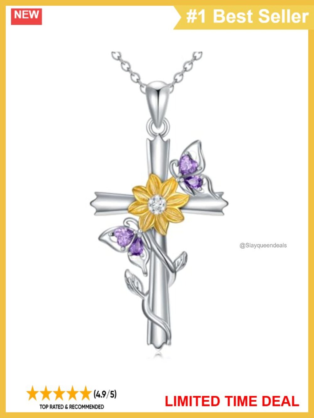 14K White Gold Plated Cross Necklace Butterfly Sunflower Pendant